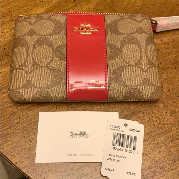 Khaki & true red accent Coach wristlet - Picture 4 of 6